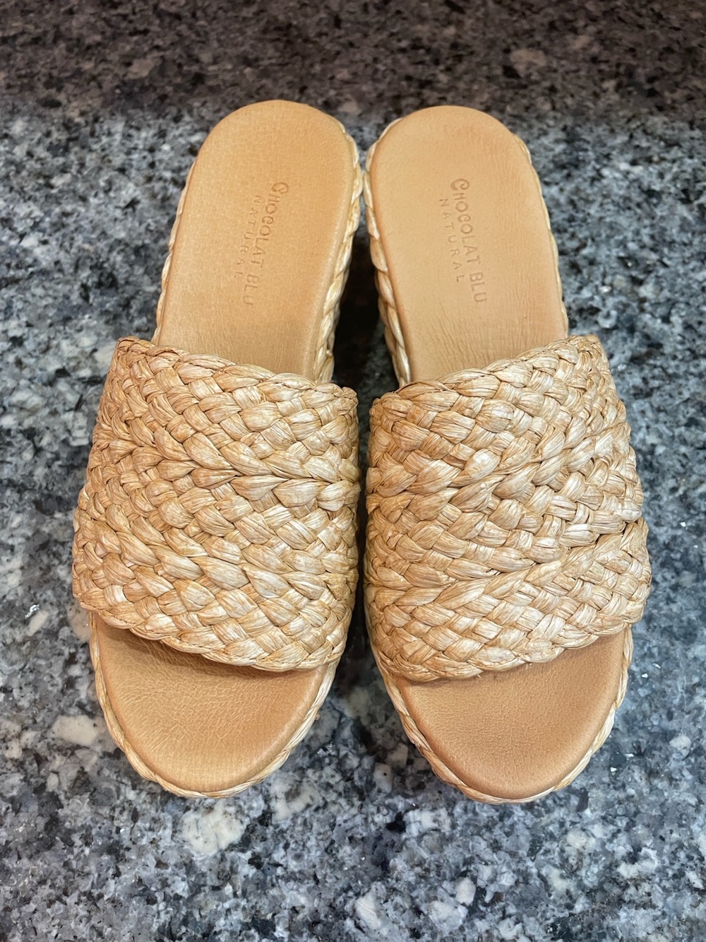 Worn twice-Chocolat Blu Natural Woven Slide Sandals - Natural